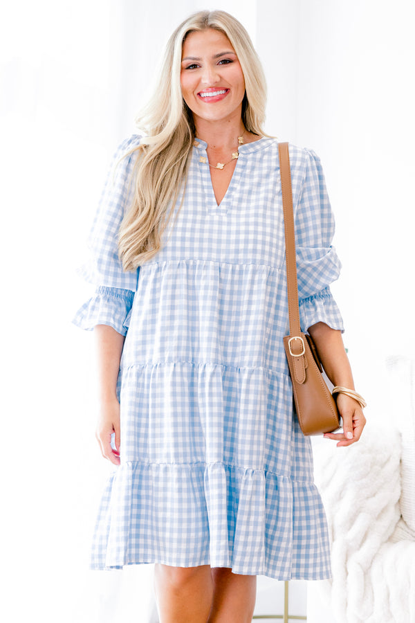 Chic Soul plus size clothing, blue gingham baby doll dress with long sleeves that have a ruffle detail at the end of the sleeve 