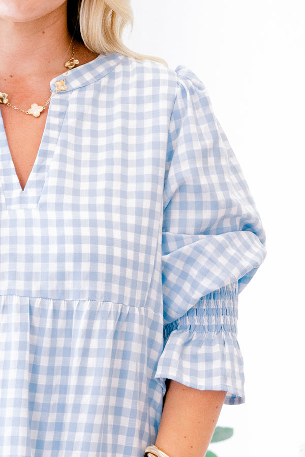 Chic Soul plus size clothing, blue gingham baby doll dress with long sleeves that have a ruffle detail at the end of the sleeve 