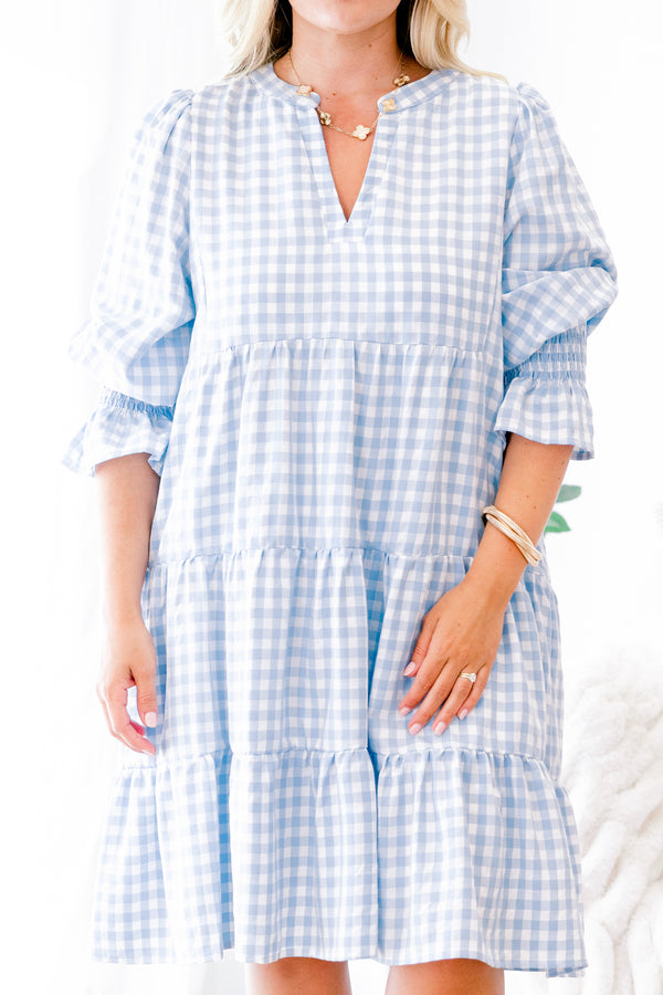 Chic Soul plus size clothing, blue gingham baby doll dress with long sleeves that have a ruffle detail at the end of the sleeve 