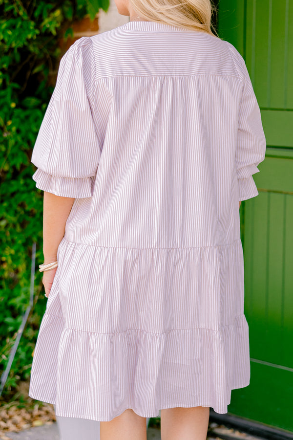 Chic Soul plus size clothing, brown striped baby doll dress with half sleeves that have ruffle detailing around the bottom of each sleeve 
