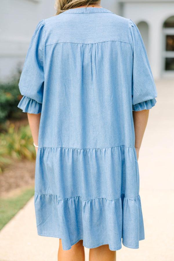 Chic Soul plus size clothing, denim half length sleeve tiered baby doll dress with cinching on the sleeves and v neck cutout