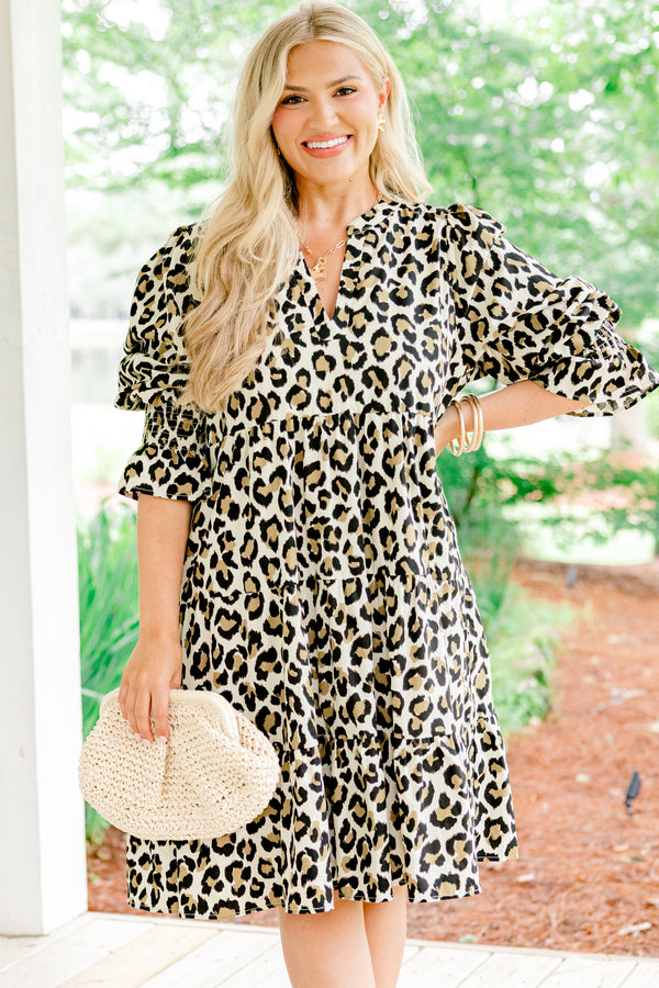 Chic Soul plus size clothing, Short sleeve  leopard print baby doll dress with a ruffle detail at the end of the sleeve and a slight v-neckline 