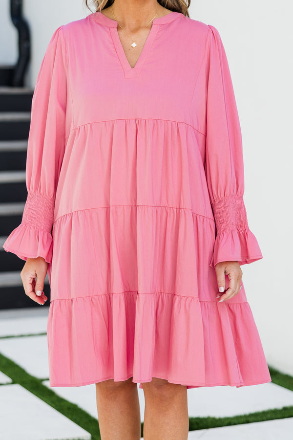 Chic Soul plus size clothing, quarter-bubble-sleeve pink ruffled baby doll dress with a split-v-neckline 