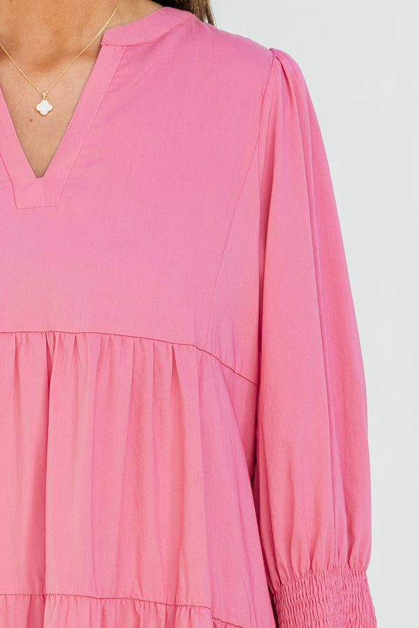Chic Soul plus size clothing, quarter-bubble-sleeve pink ruffled baby doll dress with a split-v-neckline 