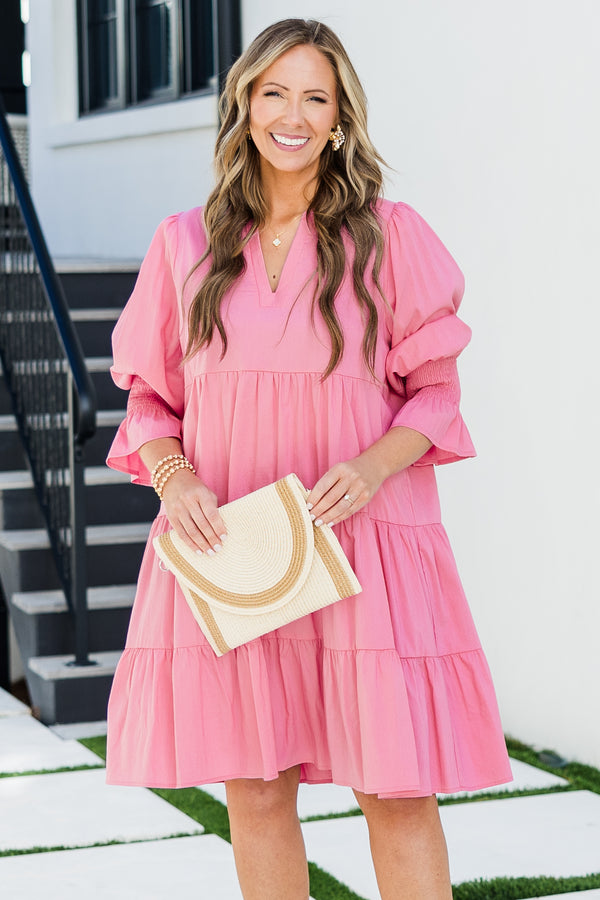 Chic Soul plus size clothing, quarter-bubble-sleeve pink ruffled baby doll dress with a split-v-neckline 