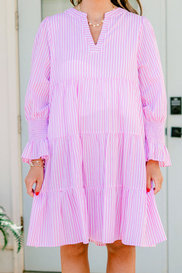 Chic Soul plus size clothing, light pink striped long sleeve babydoll dress with ruching around wrists and v neckline