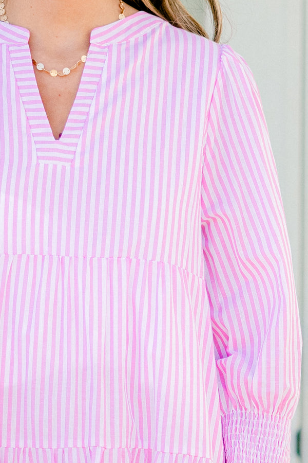 Chic Soul plus size clothing, light pink striped long sleeve babydoll dress with ruching around wrists and v neckline