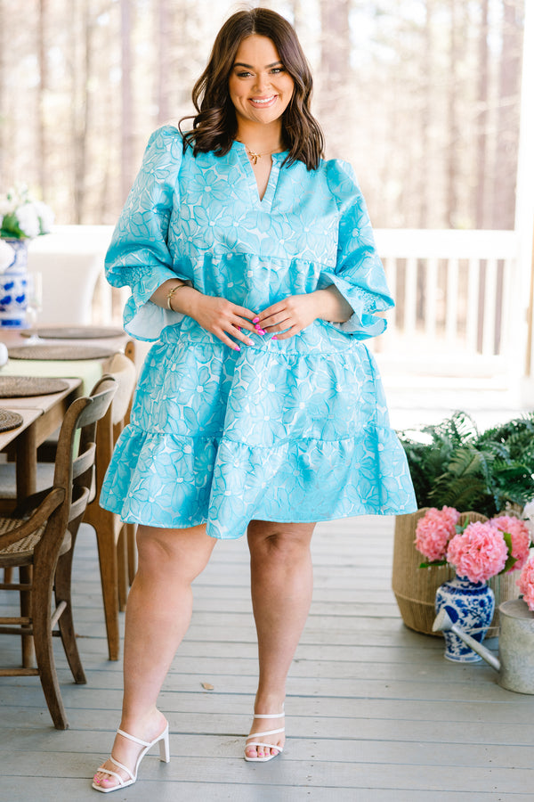 Chic Soul plus size clothing bubble-quarter-sleeve ruffled sapphire blue baby doll dress with a split-v-neckline and a blue floral pattern 