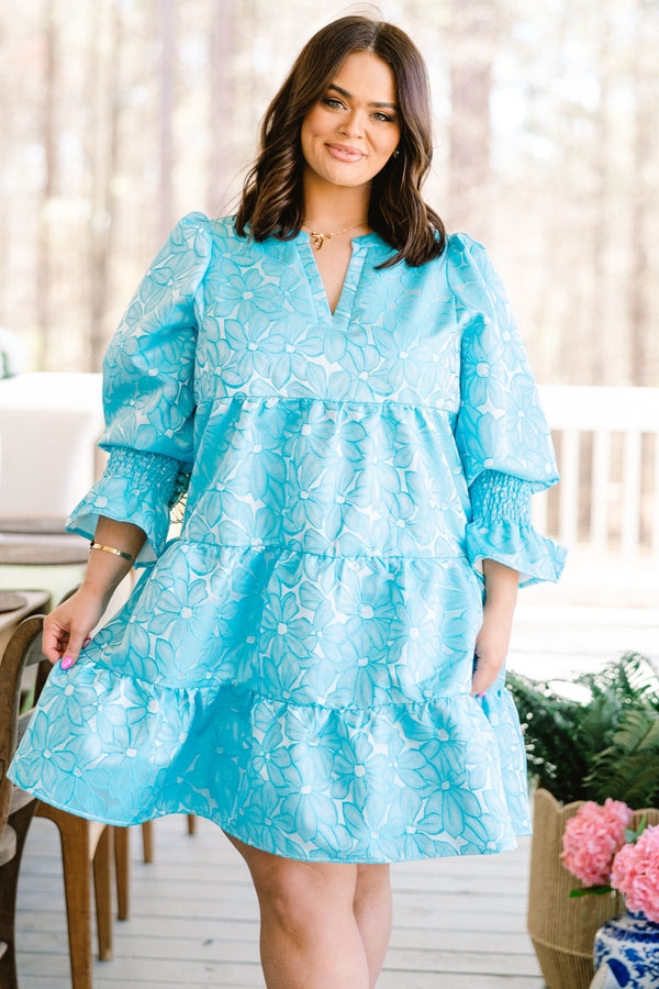 Chic Soul plus size clothing bubble-quarter-sleeve ruffled sapphire blue baby doll dress with a split-v-neckline and a blue floral pattern 