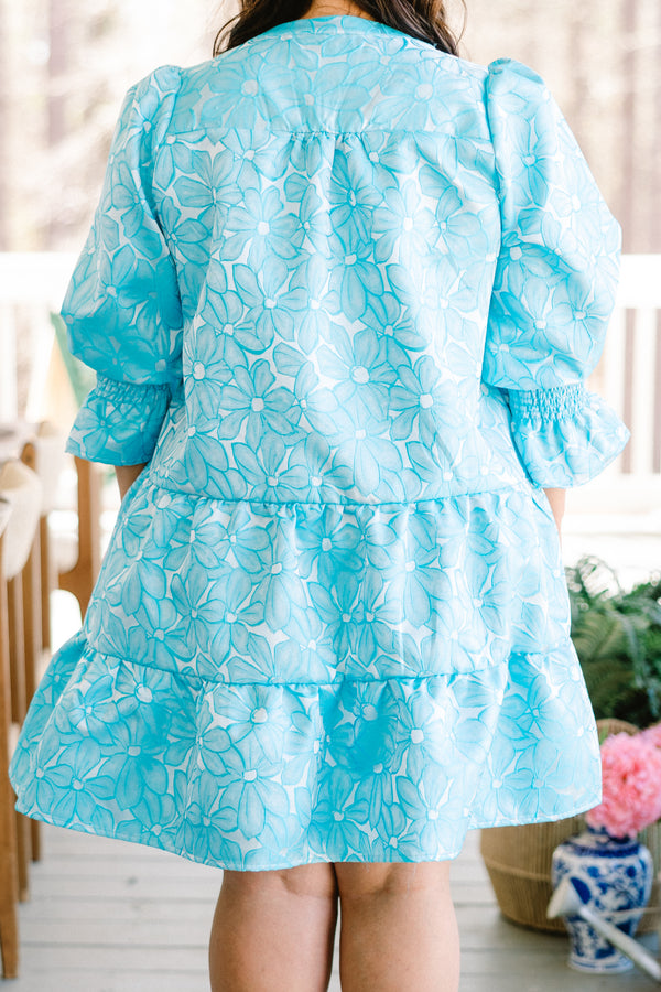 Chic Soul plus size clothing bubble-quarter-sleeve ruffled sapphire blue baby doll dress with a split-v-neckline and a blue floral pattern 