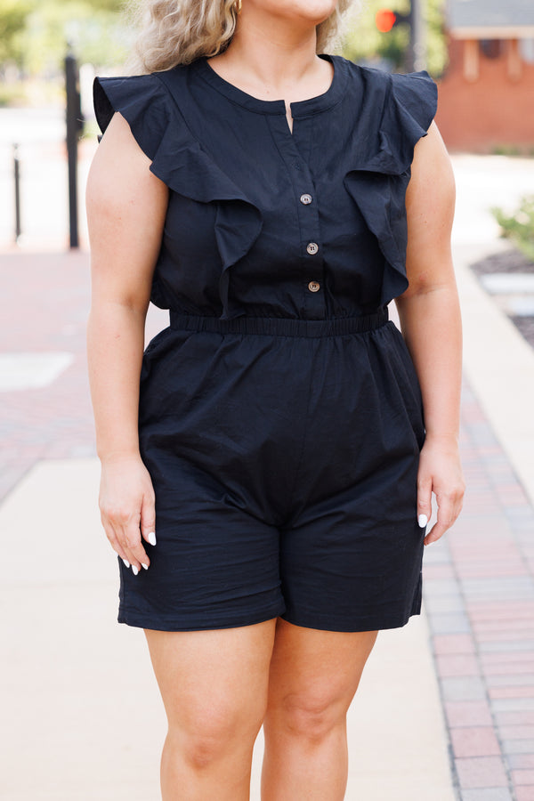 Chic Soul plus size clothing, black romper with ruffles and a cinched waistline