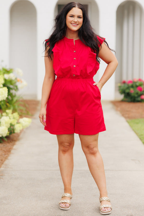 Chic Soul plus size clothing, tomato red romper with a cinched waistline and ruffles