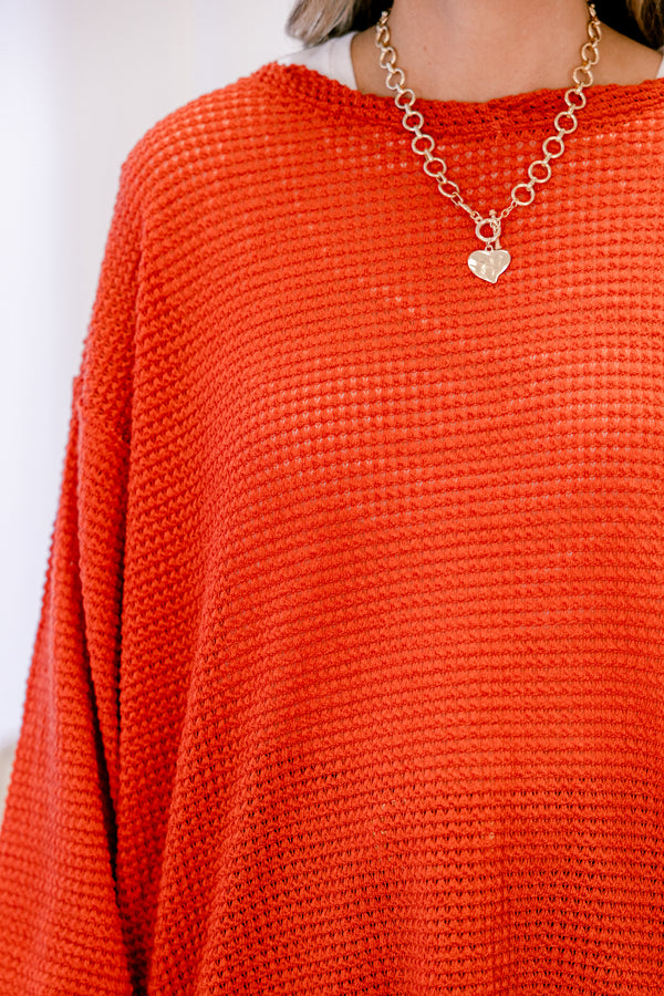 Chic Soul plus size clothing, rust knit long sleeve top with bubble sleeves
