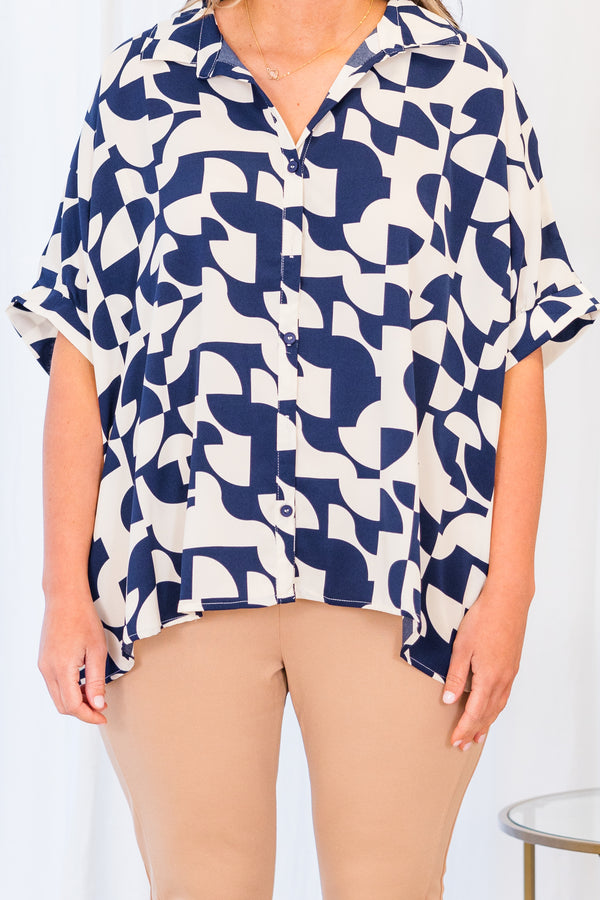 Chic Soul plus size clothing, short-sleeve collared navy top with button detailing and white abstract geometric pattern 