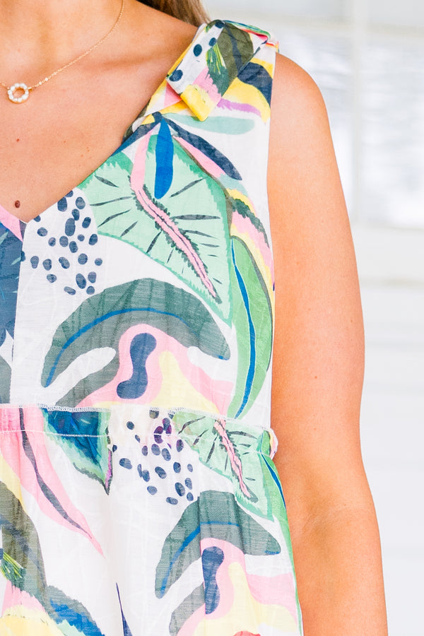 Chic Soul plus size clothing, sleeveless green multi-colored babydoll tank top with v-neckline and tropical floral pattern detailing 