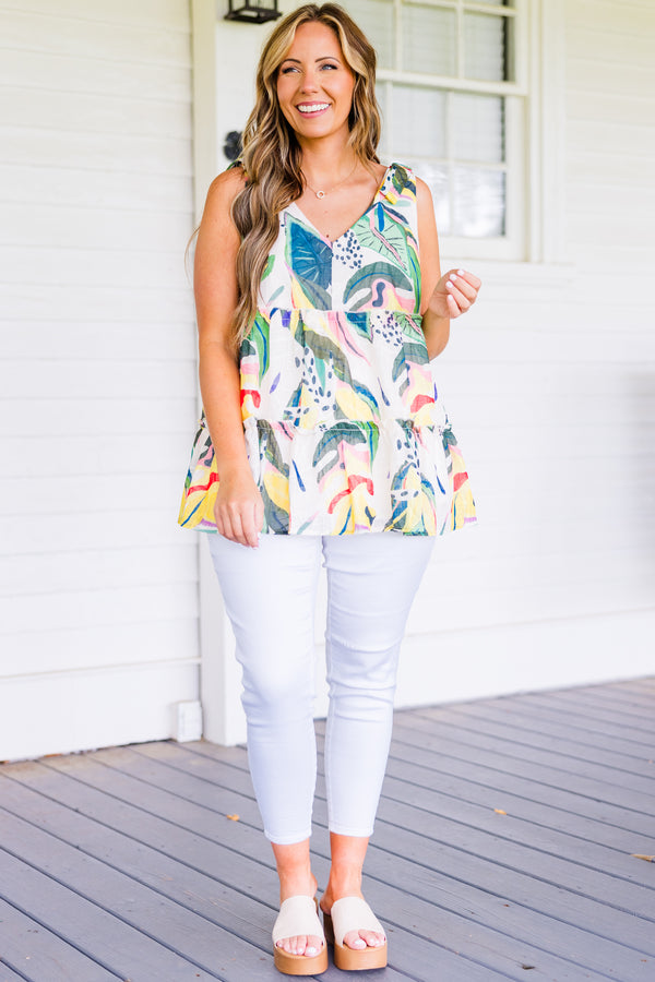 Chic Soul plus size clothing, sleeveless green multi-colored babydoll tank top with v-neckline and tropical floral pattern detailing 