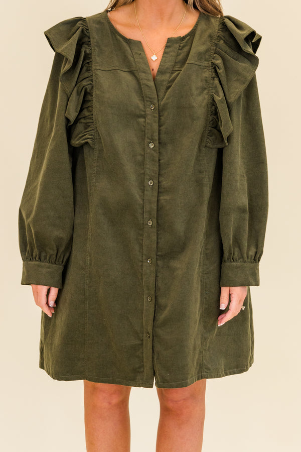 Chic Soul plus size clothing, long-sleeve olive green corduroy buttoned dress with flutter detailing on shoulders and v-neckline