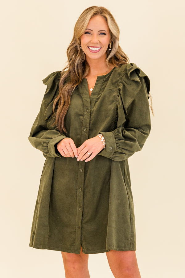 Chic Soul plus size clothing, long-sleeve olive green corduroy buttoned dress with flutter detailing on shoulders and v-neckline