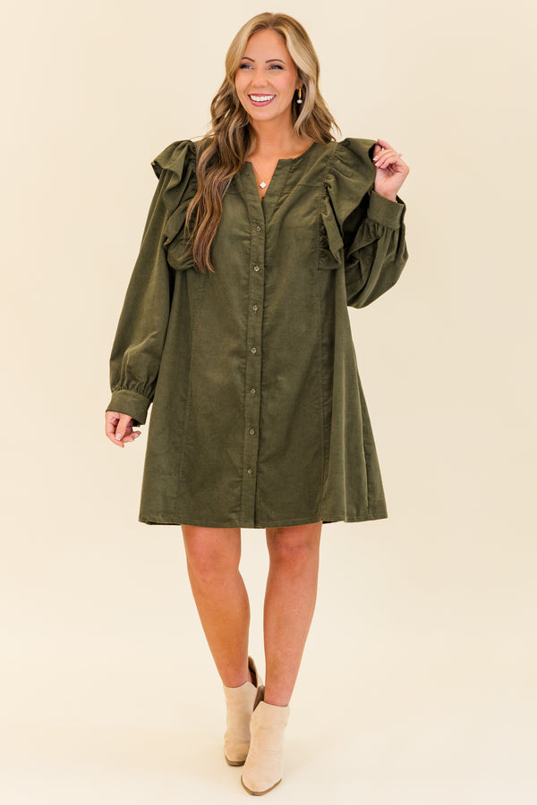 Chic Soul plus size clothing, long-sleeve olive green corduroy buttoned dress with flutter detailing on shoulders and v-neckline