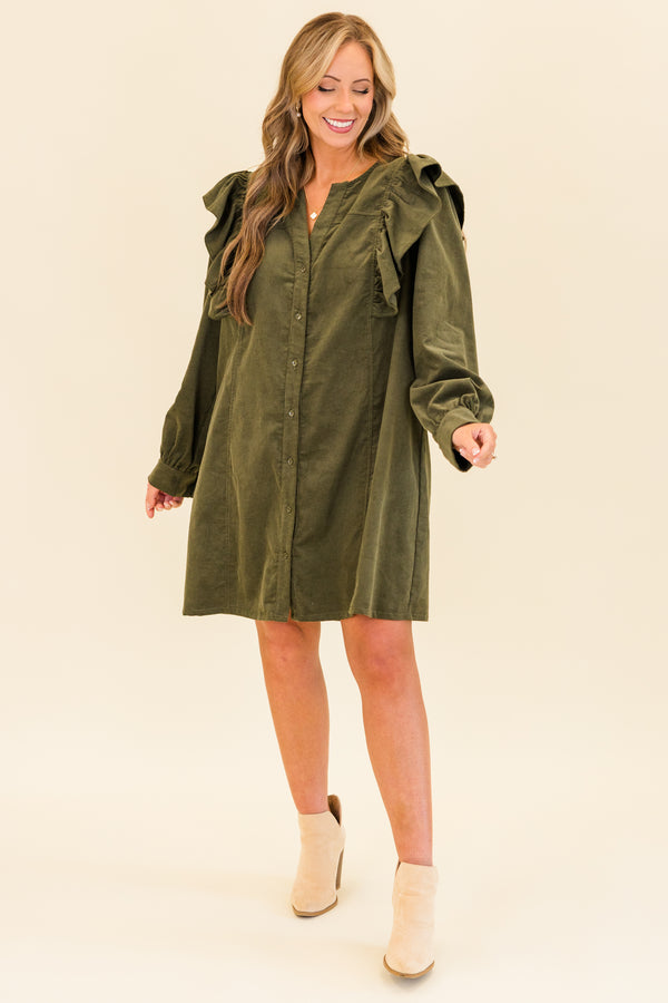 Chic Soul plus size clothing, long-sleeve olive green corduroy buttoned dress with flutter detailing on shoulders and v-neckline