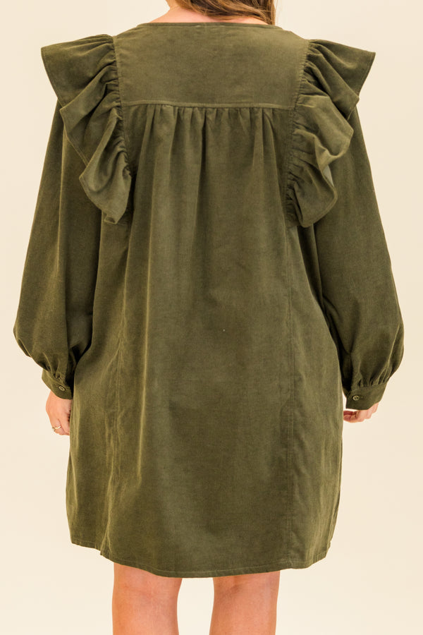 Chic Soul plus size clothing, long-sleeve olive green corduroy buttoned dress with flutter detailing on shoulders and v-neckline