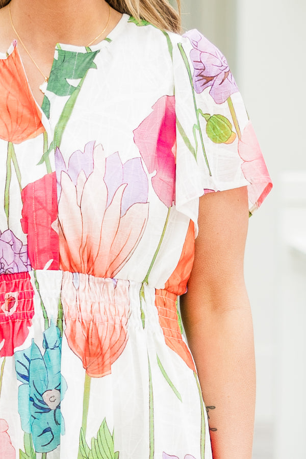Chic Soul plus size clothing, short-sleeve ruffled pink dress with a split-v-neckline and a smocked waistline with a watercolor multicolored floral print 