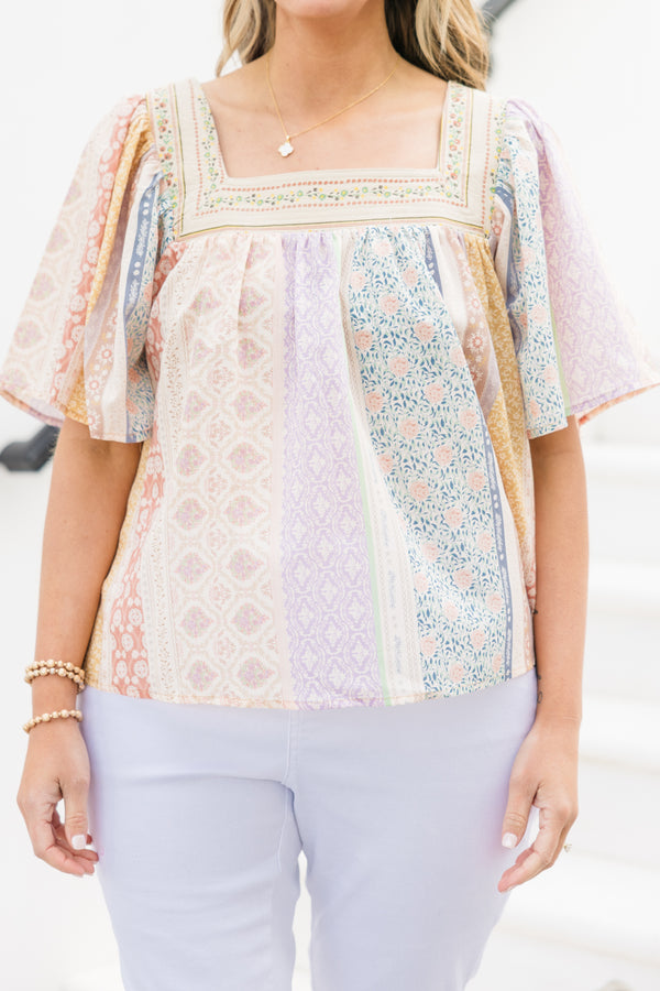 Chic Soul plus size clothing, short-sleeve orange tan multi-colored top with a square-neckline and a quilt striped pattern