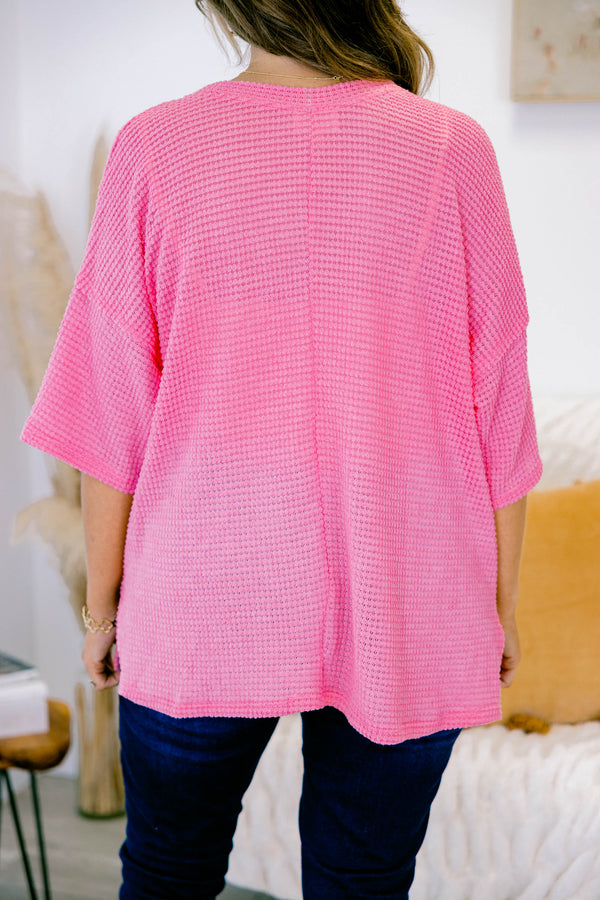 Chic Soul plus size clothing, strawberry pink short sleeve three quarter button up waffle knit top