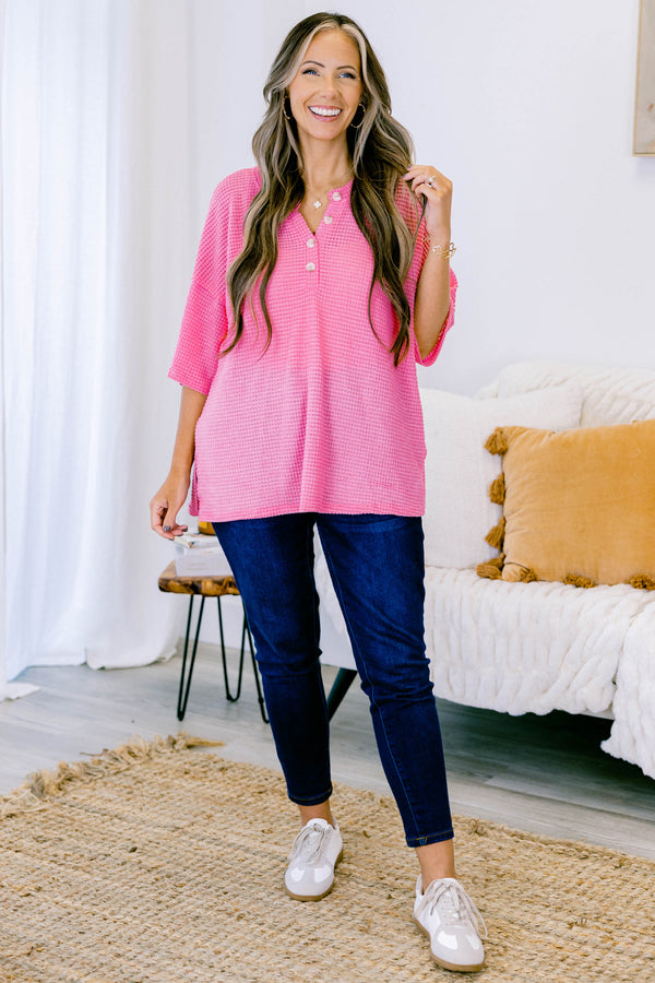 Chic Soul plus size clothing, strawberry pink short sleeve three quarter button up waffle knit top