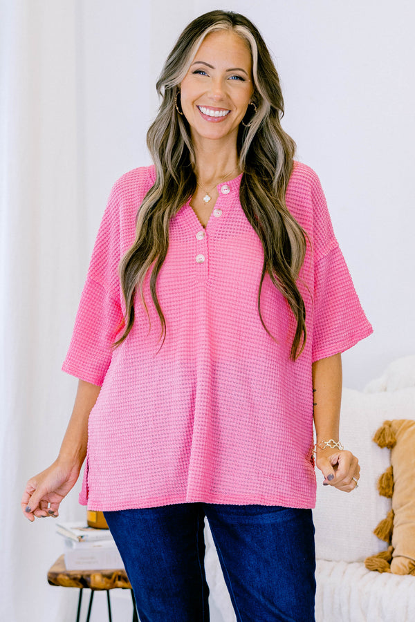 Chic Soul plus size clothing, strawberry pink short sleeve three quarter button up waffle knit top