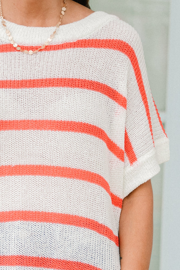Chic Soul plus size clothing, white knit short sleeve top with coral horizontal stripes