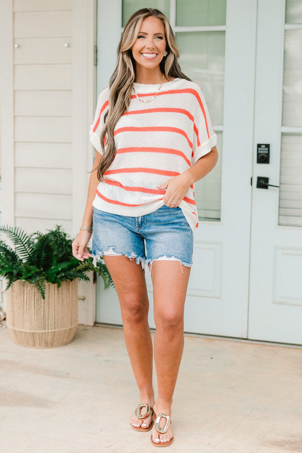 Chic Soul plus size clothing, white knit short sleeve top with coral horizontal stripes