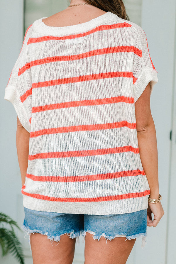 Chic Soul plus size clothing, white knit short sleeve top with coral horizontal stripes