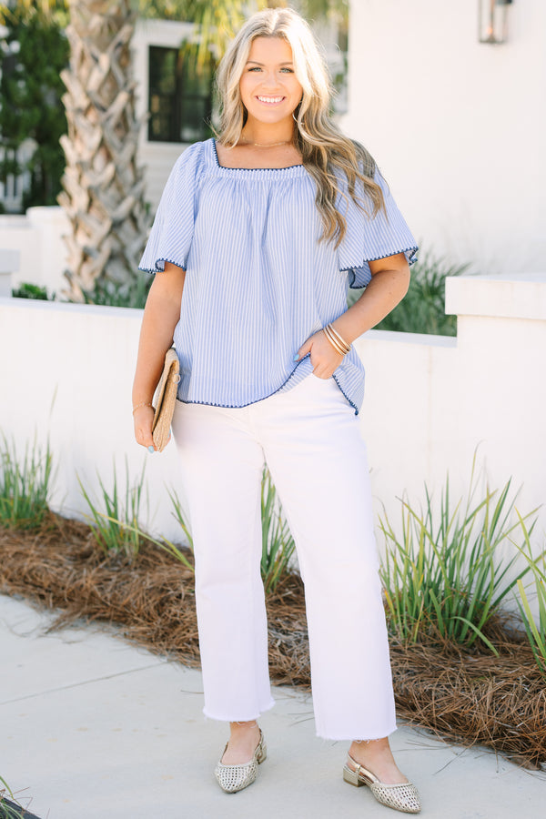 Chic Soul plus size clothing, blue and white pin stripe square neck ruffle sleeve top with navy embroidered trim detailing