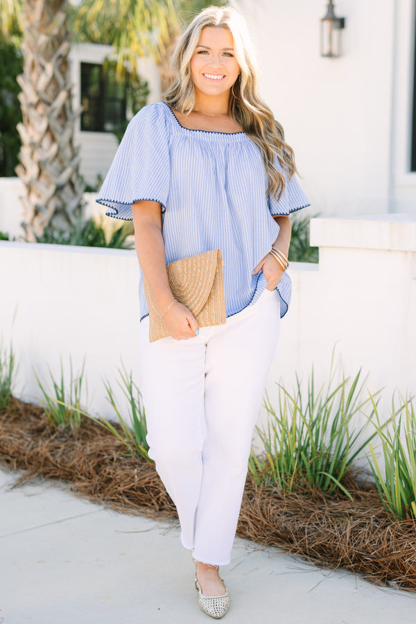 Chic Soul plus size clothing, blue and white pin stripe square neck ruffle sleeve top with navy embroidered trim detailing