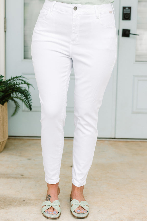 Chic Soul plus size clothing, high-waisted white skinny jeans with a silver button detailing 