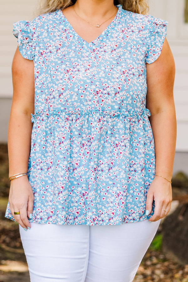 Chic Soul plus size clothing, blue short sleeve babydoll top with ruffle sleeves and v neckline with blue and red floral pattern