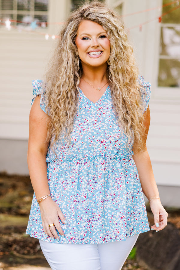 Chic Soul plus size clothing, blue short sleeve babydoll top with ruffle sleeves and v neckline with blue and red floral pattern
