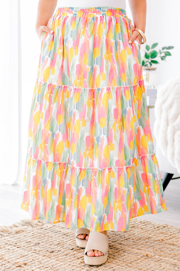 Chic Soul plus size clothing, light pink and golden yellow watercolor brushstroke pattern tiered maxi skirt with pockets and stretchy waistband