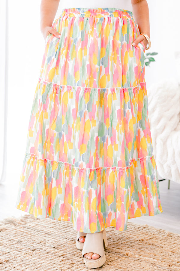 Chic Soul plus size clothing, light pink and golden yellow watercolor brushstroke pattern tiered maxi skirt with pockets and stretchy waistband