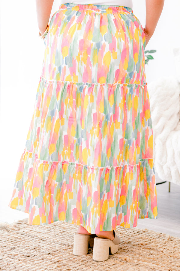 Chic Soul plus size clothing, light pink and golden yellow watercolor brushstroke pattern tiered maxi skirt with pockets and stretchy waistband