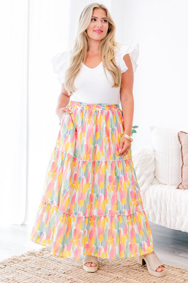 Chic Soul plus size clothing, light pink and golden yellow watercolor brushstroke pattern tiered maxi skirt with pockets and stretchy waistband