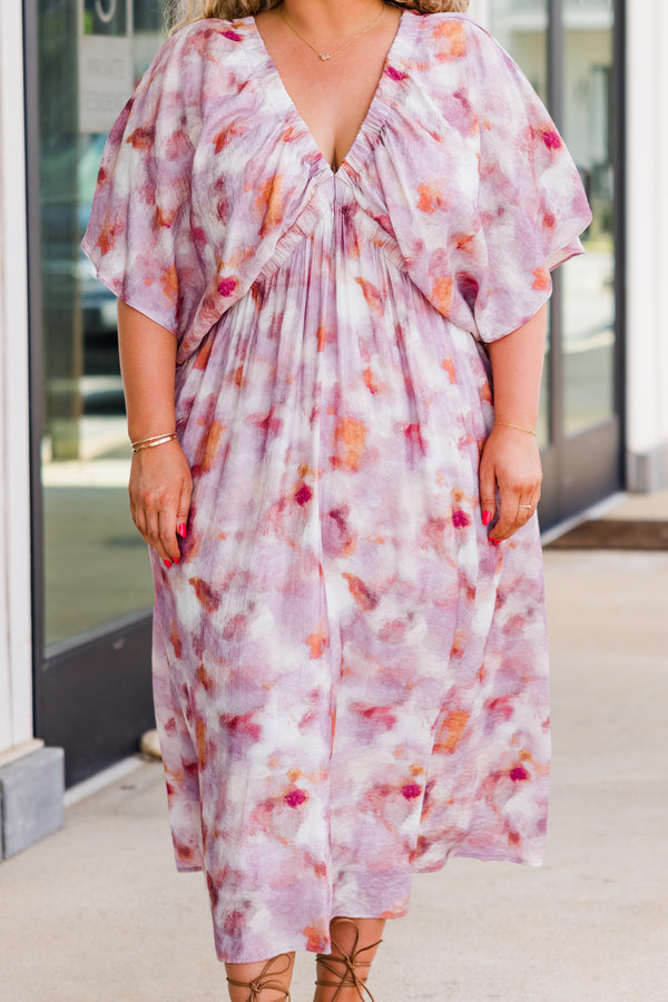 Chic Soul plus size clothing, short sleeve pink ruffled midi dress with purple and orange floral pattern and v-neckline