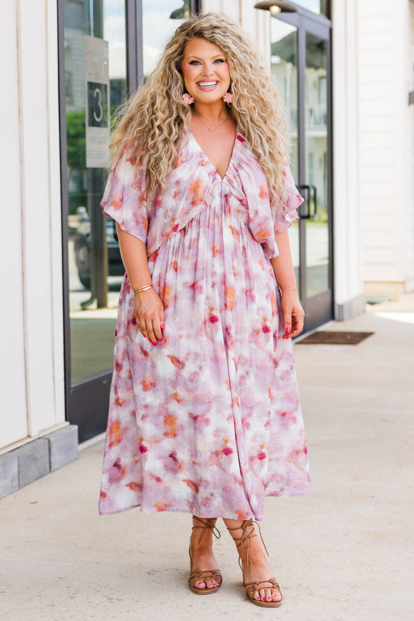 Chic Soul plus size clothing, short sleeve pink ruffled midi dress with purple and orange floral pattern and v-neckline