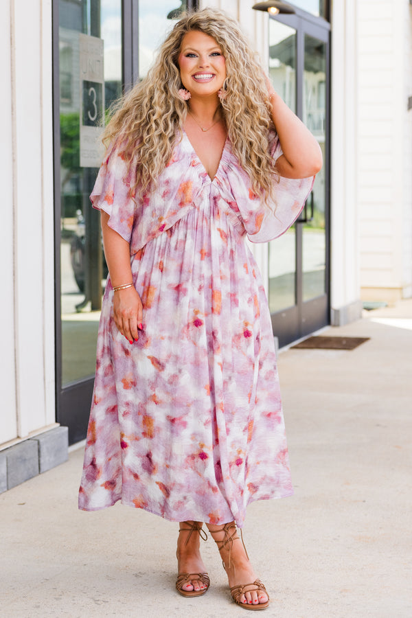 Chic Soul plus size clothing, short sleeve pink ruffled midi dress with purple and orange floral pattern and v-neckline