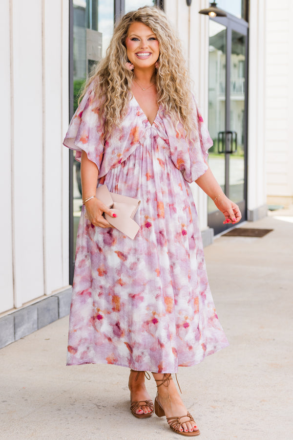 Chic Soul plus size clothing, short sleeve pink ruffled midi dress with purple and orange floral pattern and v-neckline