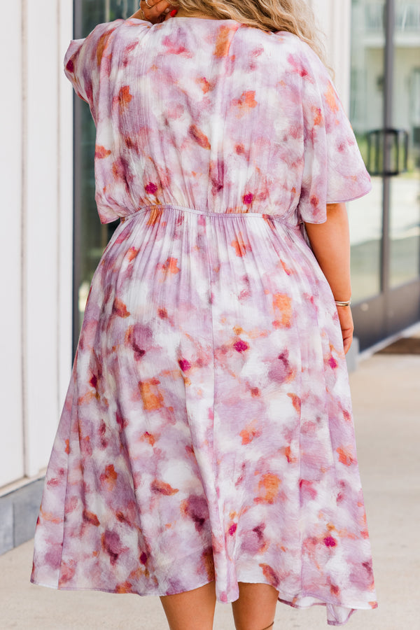 Chic Soul plus size clothing, short sleeve pink ruffled midi dress with purple and orange floral pattern and v-neckline