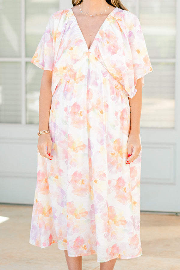 Chic Soul Plus size clothing, white midi dress with a multi color floral pattern a deep v-neckline and flowy short sleeves
