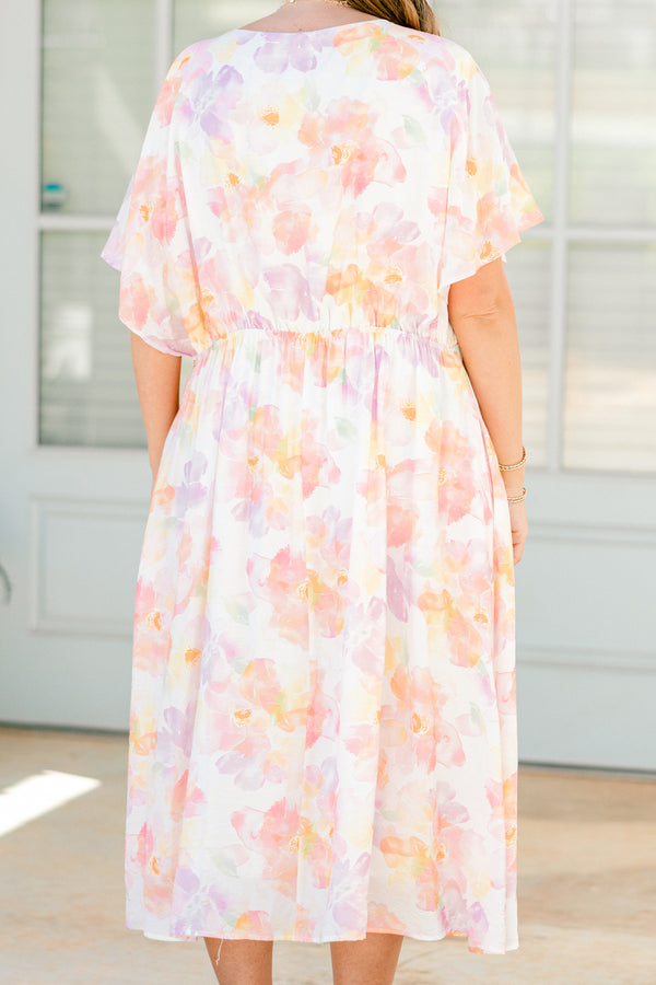 Chic Soul Plus size clothing, white midi dress with a multi color floral pattern a deep v-neckline and flowy short sleeves
