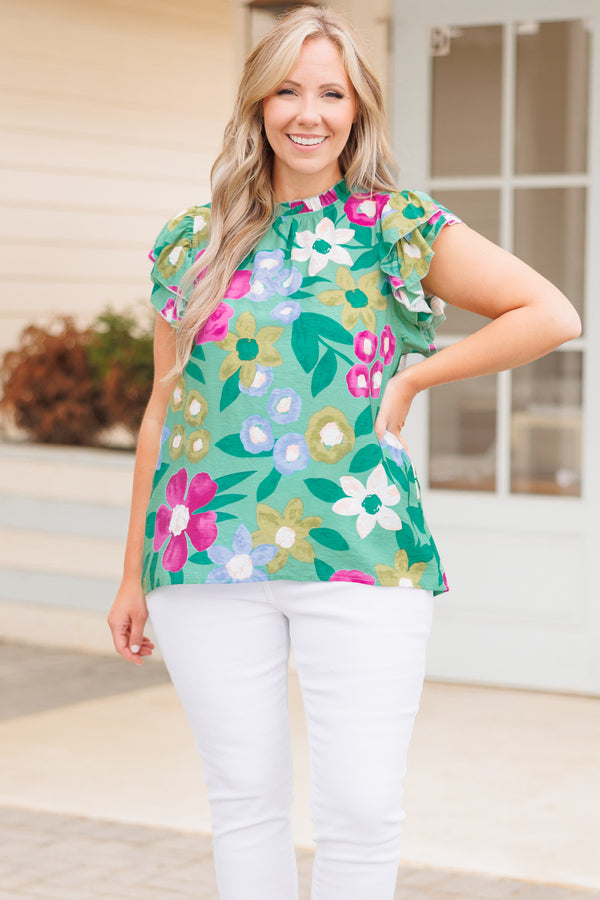 Chic Soul plus size clothing, mint green top with multicolor floral pattern and ruffle tiered sleeves